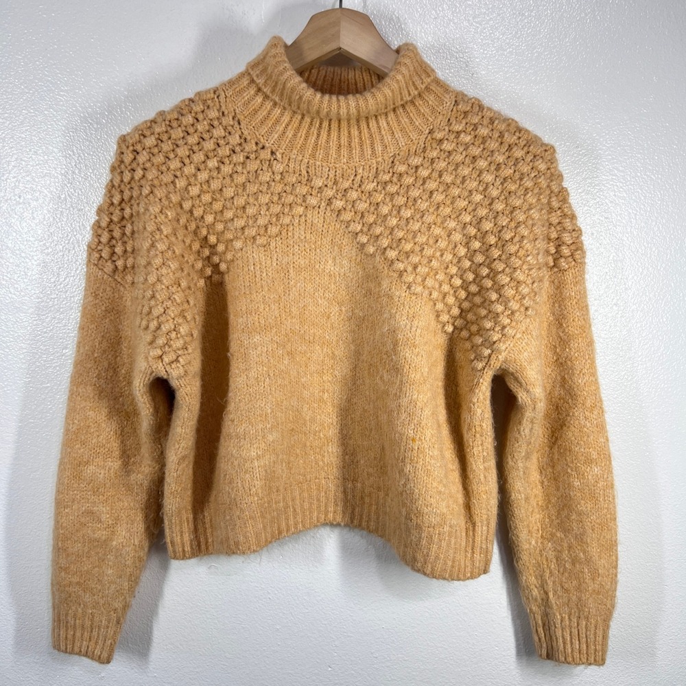Free People Bradly Cropped Sweater MockNeck Textured Knit Pullover Yellow Medium - Picture 2 of 10